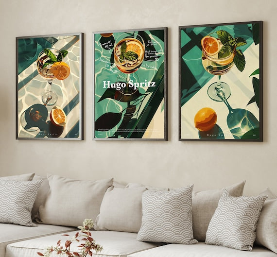 Hugo Spritz - cocktail print | cheers print, 3 piece wall art, bar cart print, cocktail poster, signature drink, digital download